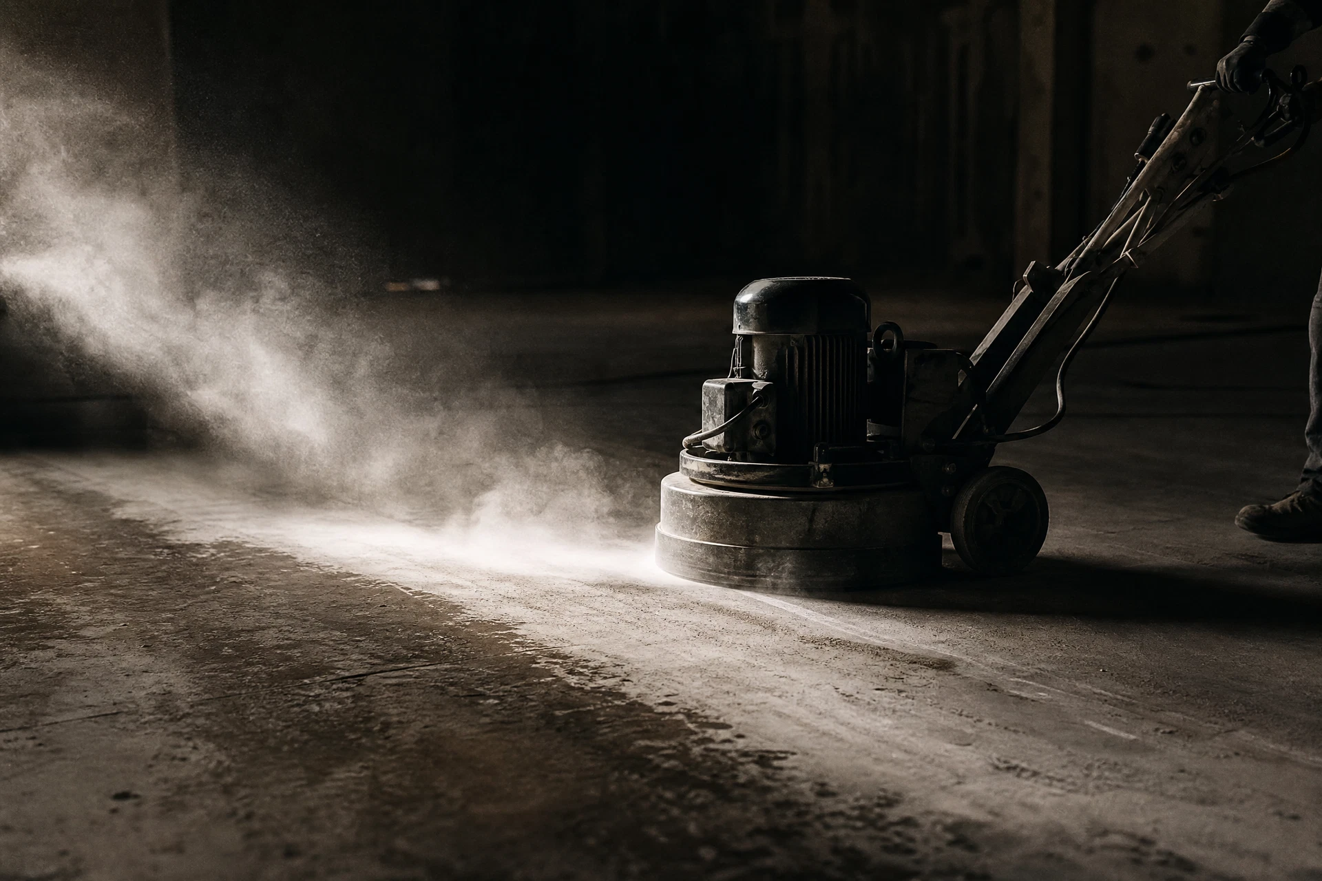 Mechanical diamond grinding of a concrete slab during surface preparation