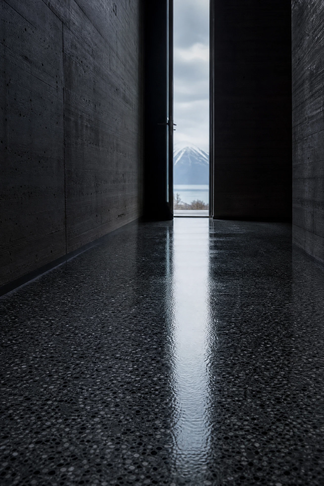 Finished charcoal flake epoxy floor reflecting daylight from an open doorway