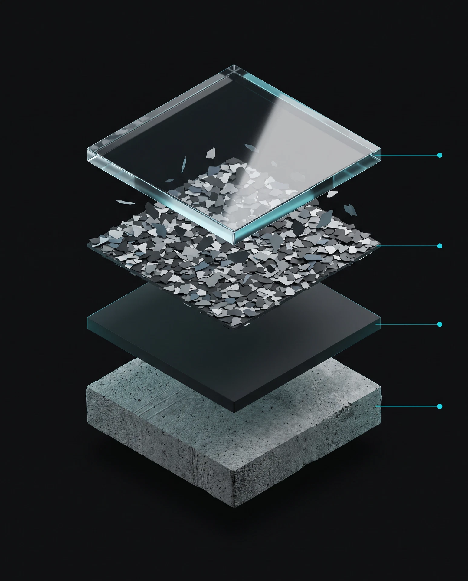 Exploded diagram of the decorative flake floor system build-up, showing 4 layers from prepared concrete to topcoat