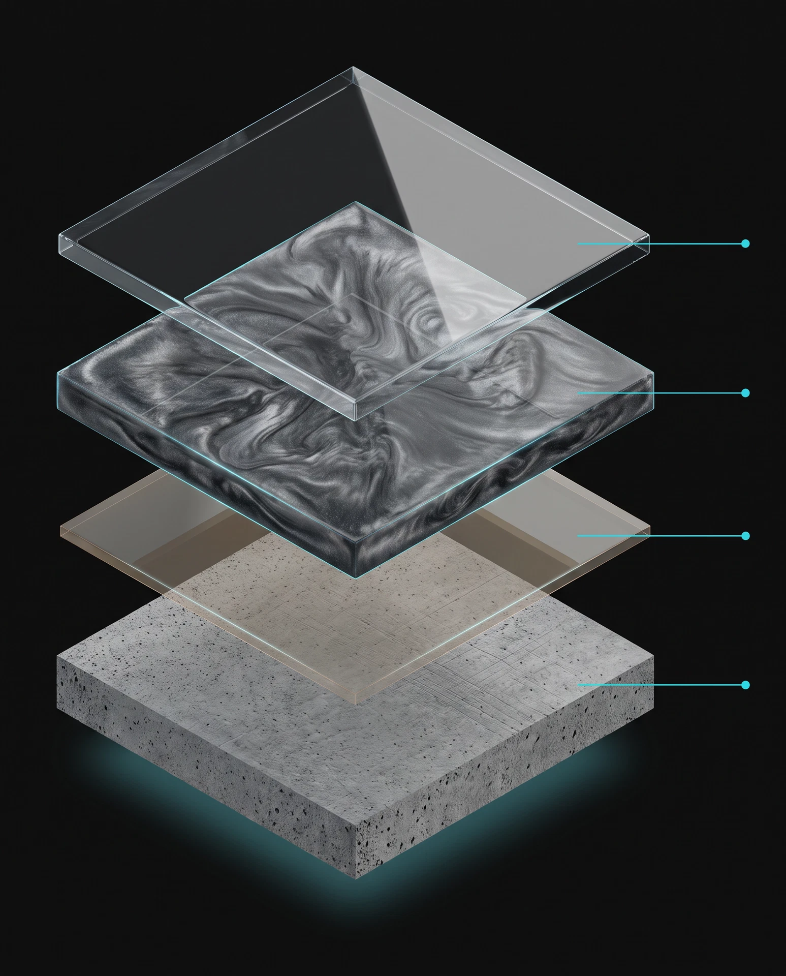 Exploded diagram of the metallic floor system build-up, showing 4 layers from prepared concrete to topcoat