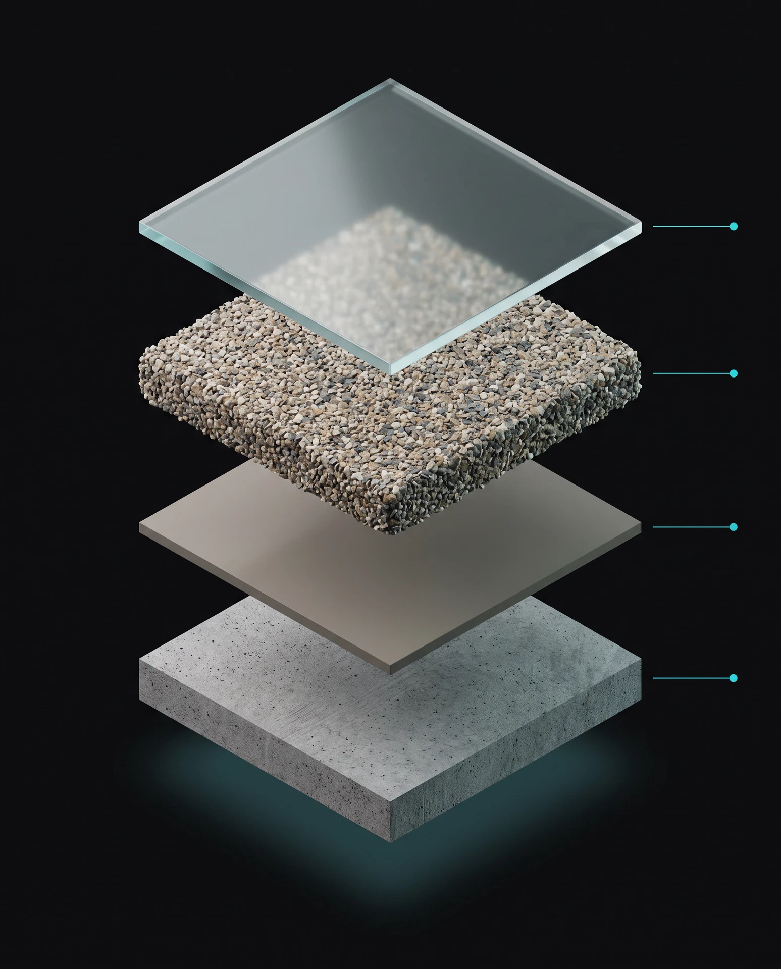 Exploded diagram of the quartz floor system build-up, showing 4 layers from prepared concrete to topcoat
