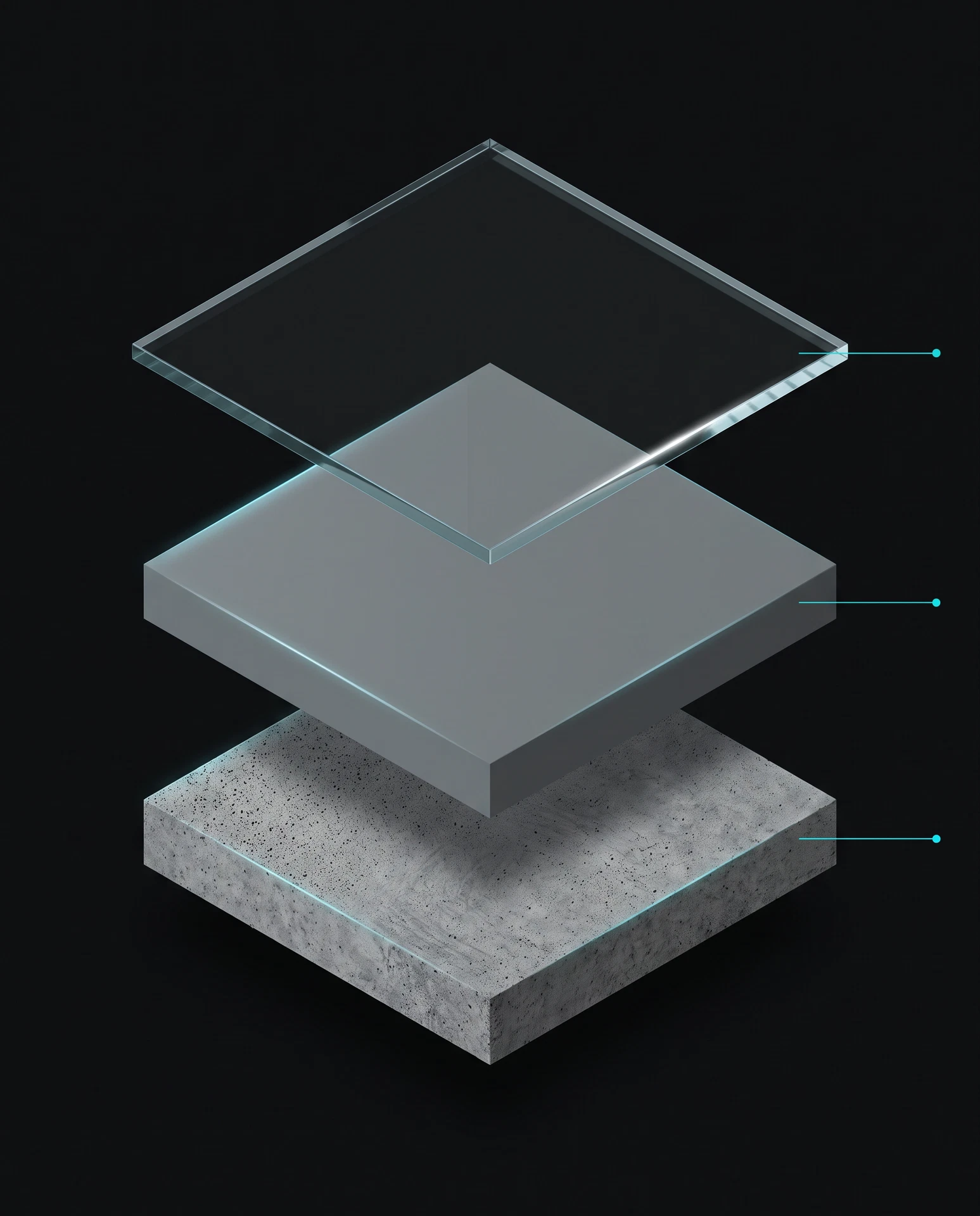 Exploded diagram of the solid color floor system build-up, showing 3 layers from prepared concrete to topcoat